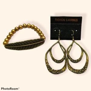 2pc Brass Hoop and Feather Bracelet Set